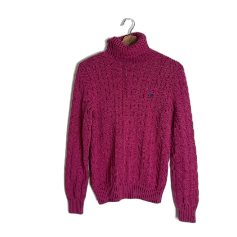 Ralph Lauren Sport Sweater Womens Large Pink Cable Knit Turtleneck Pony y2k
